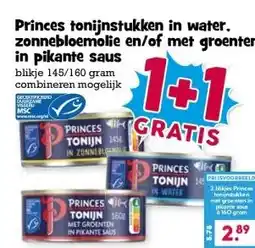Boon`s Markt Princes tonijnstukken in water. zonnebloemolie en/of met groenten in pikante saus aanbieding
