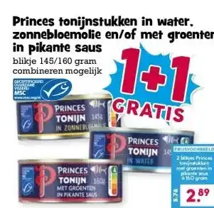 Boon`s Markt Princes tonijnstukken in water. zonnebloemolie en/of met groenten in pikante saus aanbieding