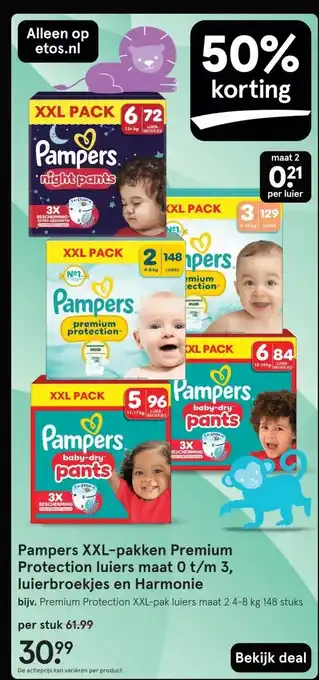 Etos Pampers XXL-pakken Premium Protection luiers maat 0 t/m 3, luierbroekjes en Harmonie aanbieding
