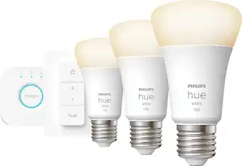 Coolblue Philips Hue White Starter Pack E27 met 3 lampen, dimmer + Bridge aanbieding