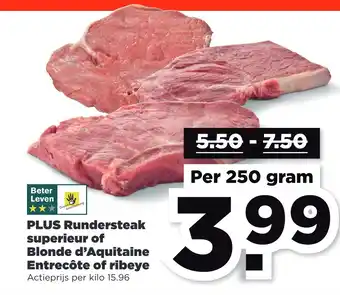 PLUS PLUS Rundersteak superieur of Blonde d'Aquitaine Entrecôte of ribeye 250 gram aanbieding