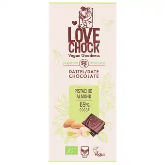 Holland & Barrett Lovechock Date Chocolate Pistachio Almond 69% – 70g aanbieding