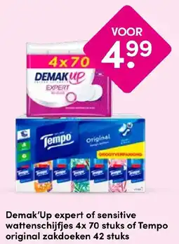 Drogisterij Visser Demak'Up expert of sensitive wattenschijfjes of Tempo original zakdoeken aanbieding