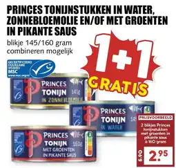 De Boerenschuur Princes tonijnstukken in water, zonnebloemolie en/of met groenten in pikante saus aanbieding