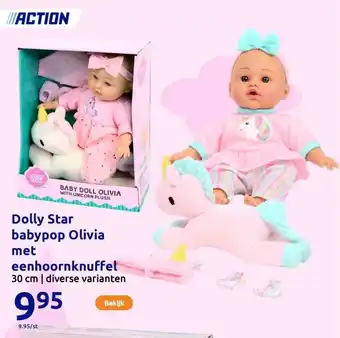 Action Dolly Star babypop Olivia met eenhoornknuffel aanbieding