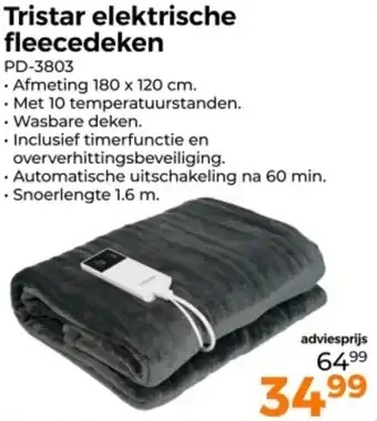 Trekpleister Tristar elektrische fleecedeken PD-3803 aanbieding