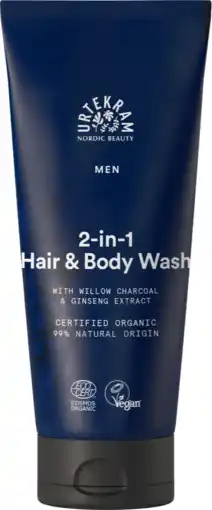 De Online Drogist Urtekram Men 2-in-1 Hair & Body Wash With Willow Charcoal & Ginseng aanbieding