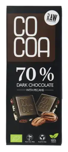 De Online Drogist Cocoa 70% Dark Chocolate Pecan Reep aanbieding