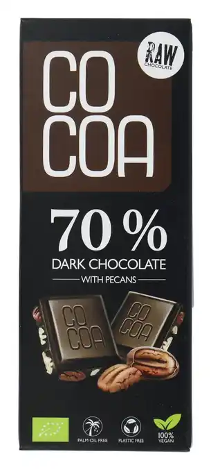 De Online Drogist Cocoa 70% Dark Chocolate Pecan Reep aanbieding