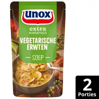PLUS Unox Soep in zak rijkgevuld vega erwt aanbieding