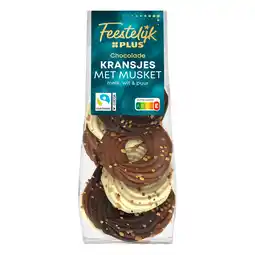 PLUS Feestelijk PLUS Chocolade kransen melk, puur en wit me aanbieding