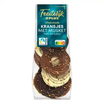 PLUS Feestelijk PLUS Chocolade kransen melk, puur en wit me aanbieding