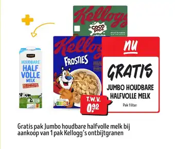 Jumbo Gratis pak jumbo houdbare halfvolle melk bij aankoop van 1 pak kellogg's ontbijtgranen aanbieding
