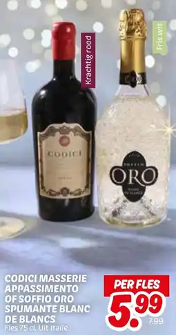Dekamarkt Codici Masserie Appassimento of Soffio Oro Spumante Blanc De Blancs aanbieding