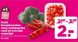 PLUS Plus Snoeptomaten Rood, puntpaprika rood en avocado ongerijpt aanbieding