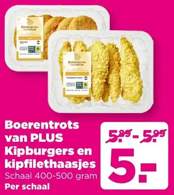 PLUS Boerentrots van Plus Kipburgers en kipfilethaasjes aanbieding