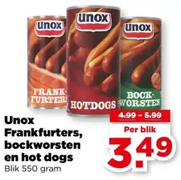 PLUS Unox Frankfurters, bockworsten en hot dogs aanbieding