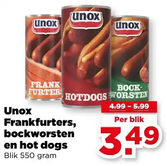 PLUS Unox Frankfurters, bockworsten en hot dogs aanbieding
