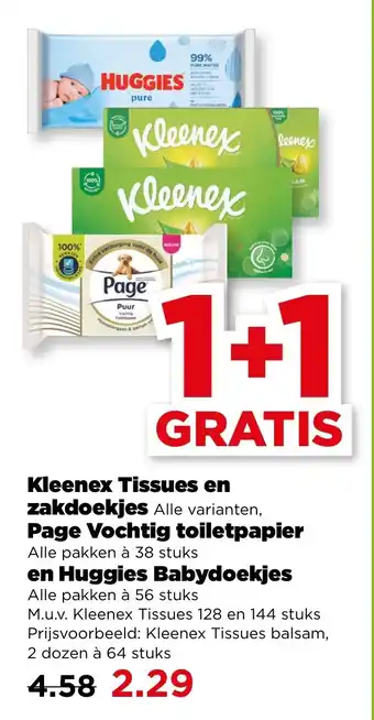 PLUS Kleenex Tissues en zakdoekjes, Page Vochtig toiletpapier, en Huggies Babydoekjes aanbieding