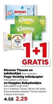PLUS Kleenex Tissues en zakdoekjes, Page Vochtig toiletpapier, en Huggies Babydoekjes aanbieding