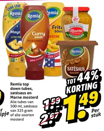 Hoogvliet Remia top down tubes, satésaus en Marne mosterd aanbieding