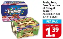 Hoogvliet Paula, Rolo, Bros, Smarties of Nesquik dessert aanbieding