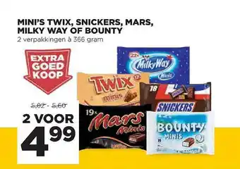 Jumbo Mini's Twix, Snickers, Mars, Milky Way Of Bounty aanbieding