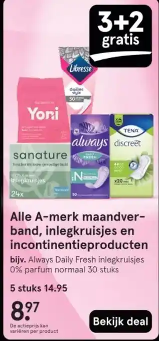Etos Alle A-merk maandver band, inlegkruisjes en incontinentieproducten aanbieding