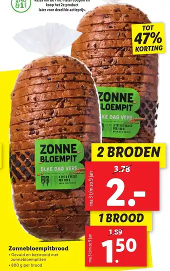 Lidl Zonnebloempitbrood 800g aanbieding