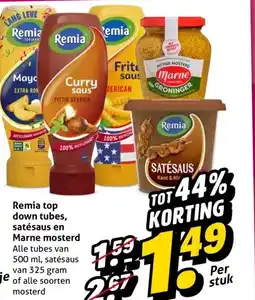 Hoogvliet Remia top down tubes, satésaus en Marne mosterd aanbieding