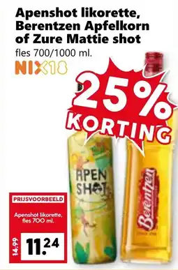 Coop Apenshot likorette, Berentzen Apfelkorn of Zure Mattie shot aanbieding