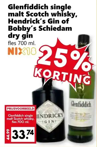 Coop Glenfiddich single malt Scotch whisky, Hendrick's Gin of Bobby's Schiedam dry gin aanbieding