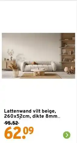 GAMMA Lattenwand vilt beige, 260x52cm, dikte 8mm 2.70m² 2 stuks aanbieding