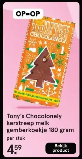 Etos Tony's Chocolonely kerstreep melk gemberkoekje 180 gram aanbieding