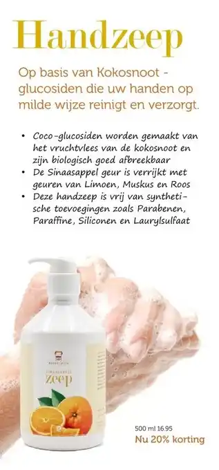 De Rode Pilaren Handzeep Op basis van Kokosnoot - glucosiden die uw handen op milde wijze reinigt en verzorgt. aanbieding