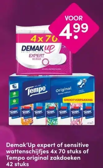 DA Demak'Up expert of sensitive wattenschijfjes 4x 70 stuks of Tempo original zakdoeken aanbieding