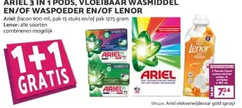Boon`s Markt ARIEL 3 IN 1 PODS, VLOEIBAAR WASMIDDEL EN/OF WASPOEDER EN/OF LENOR aanbieding