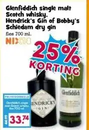 Boon`s Markt Glenfiddich single malt Scotch whisky. Hendrick's Gin of Bobby's Schiedam dry gin aanbieding