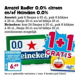 Boon`s Markt Amstel Radler 0.0% citroen en/of Heineken 0.0% aanbieding