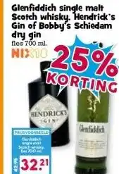 Boon`s Markt Glenfiddich single malt Scotch whisky. Hendrick's Gin of Bobby's Schiedam dry gin aanbieding