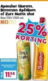 Boon`s Markt Apenshot likorette. Berentzen Apfelkomn of Zure Mattie shot aanbieding