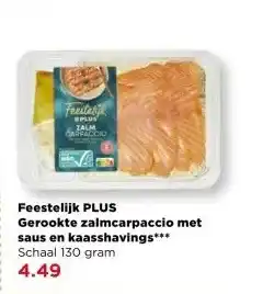 PLUS Feestelijk PLUS Gerookte zalmcarpaccio met saus en kaasshavings aanbieding