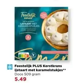 PLUS Feestelijk PLUS Kerstkrans ijstaart met karamelstukjes aanbieding