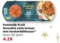 PLUS Feestelijk PLUS Gerookte zalm tartaar met mosterddillesaus aanbieding
