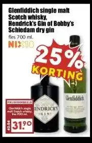 MCD Supermarkt Glenfiddich single malt Scotch whisky. Hendrick's Gin of Bobby's Schiedam dry gin aanbieding