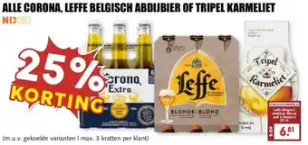 MCD Supermarkt ALLE CORONA, LEFFE BELGISCH ABDIJBIER OF TRIPEL KARMELIET aanbieding