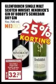 MCD Supermarkt GLENFIDDICH SINGLE MALT SCOTCH WHISKY, HENDRICK'S GIN OF BOBBY'S SCHIEDAM DRYGIN aanbieding