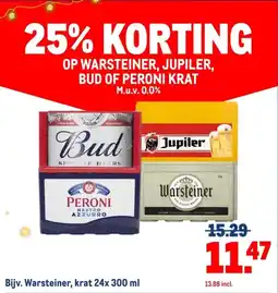 Makro Op warsteiner, jupiler, bud of peroni krat m.u.v.0.0% aanbieding