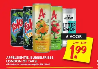 Dekamarkt Appelsientje, bubbelfrisss, london of taksi 6 voor blik 250 ml aanbieding