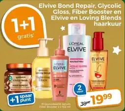 Trekpleister Elvive Bond Repair, Glycolic Gloss, Fiber Booster en Elvive en Loving Blends haarkuur aanbieding
